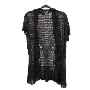 VTG Boho Cardigan L Women Black Open Knit Crochet Short Sleeve Cotton Whimsigoth